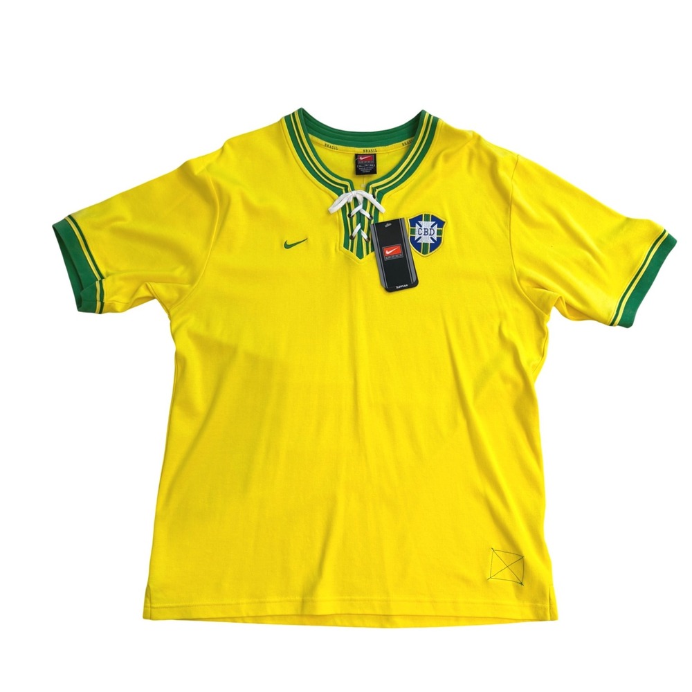 Nike Team Brasil Vtg 1998 Soccer Jersey Mens XL Yellow Green Lace Up V-Neck CBD